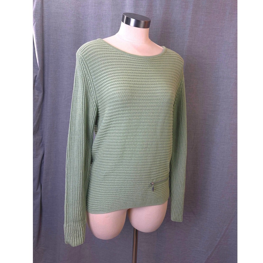 Organic Cotton by Skovhuus Green Knit Sweater Ribbed Pullover Pocket Detail S‎